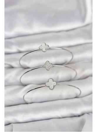 Gümüş Renk Yonca Model Zirkon Taşlı 3'lü Kadın Bileklik Kombini