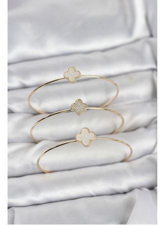 Gold Renk Yonca Model Zirkon Taşlı 3'lü Kadın Bileklik Kombini