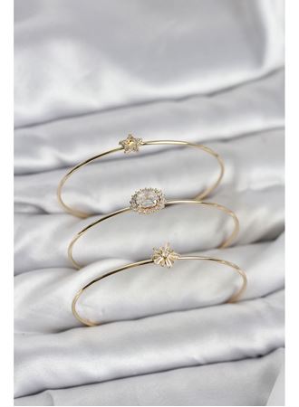 Zirkon Taşlı Gold Renk Tek Taş Model 3'lü Kadın Bileklik Kombini