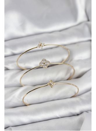 Zirkon Taşlı Gold Renk Yonca Tasarım 3'lü Kadın Bileklik Kombini