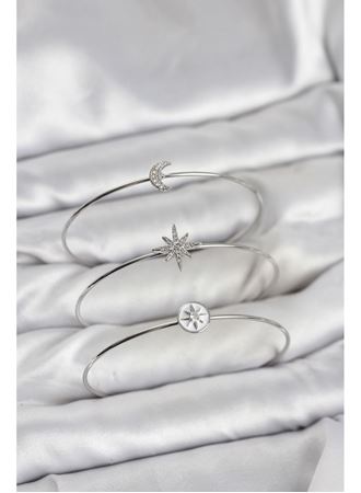 Gümüş Renk Zirkon Taşlı Kutup Yıldızı Model 3'lü Kadın Bileklik Kombini