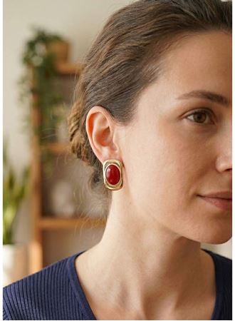 Bordo Renk Kare Model Vintage Kadın Küpe