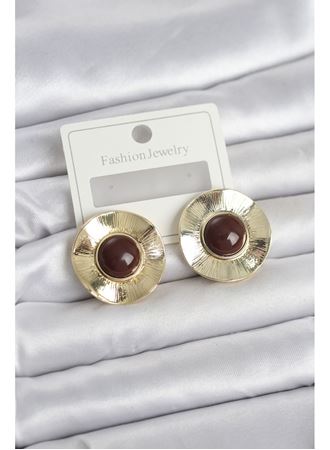 Vintage Model Kahverengi Gold Renk Pirinç Kadın Küpe