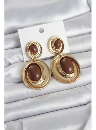 Kahverengi Sallantılı Damla Model Gold Renk Vintage Kadın Küpe