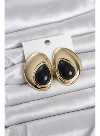 Pirinç Gold Renk Siyah Taşlı Damla Model Vintage Kadın Küpe