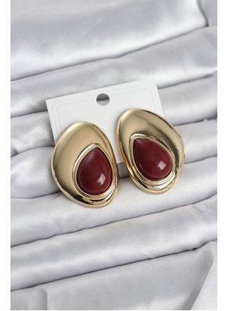 Pirinç Gold Renk Bordo Taşlı Damla Model Vintage Kadın Küpe