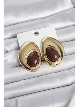 Pirinç Gold Renk Kahverengi Taşlı Damla Model Vintage Kadın Küpe