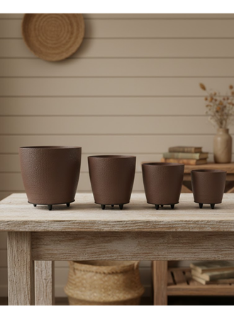 4’lü 3D Şık Kahverengi Vazo Seti Modern Ayaklı Saksı