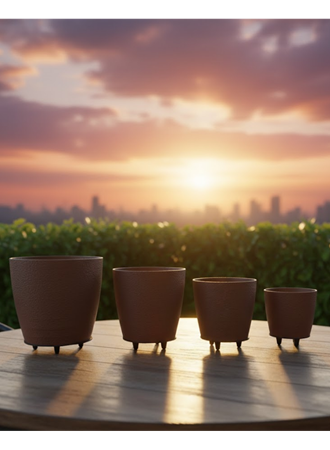 4’lü 3D Kahverengi Ayaklı Dekoratif Saksı Takımı Modern Tasarım