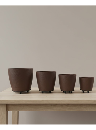 4’lü 3D Kahve Tonlu Ayaklı Saksı Seti Modern Dekoratif Vazo Takımı