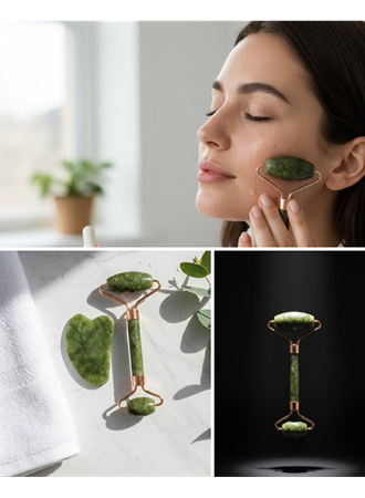 Doğal Yeşim Roller ve Gua Sha Yüz Şekillendirme Seti