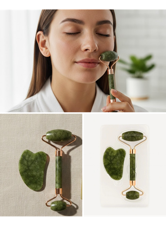 Doğal Yeşim Taşı Yüz Masaj Roller ve Gua Sha Seti 2 Parça