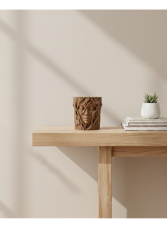 3D Doğal Ahşap Görünümlü Yüz Detaylı Dekoratif Vazo Sanat Tasarım