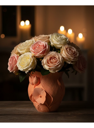 3D Kabartmalı Çiçek Motifli Turuncu Dekoratif Vazo