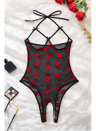 Öpücük Desenli Transparan Siyah Fantazi İç Giyim TM1385