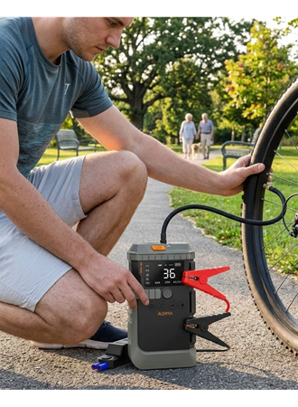 Araç Lastik Basınç Pompası Akü Takviye Powerbank ve SOS Işıklı Çok Fonksiyonlu Cihaz