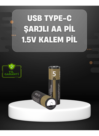 USB Type-C Girişli Şarjlı AA Lityum Pil | 1.5V Sabit Çıkış | 3200mWh (2'li Paket)