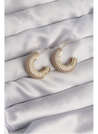 Pirinç Gold Renk Zirkon Taşlı Yarım Halka Küpe