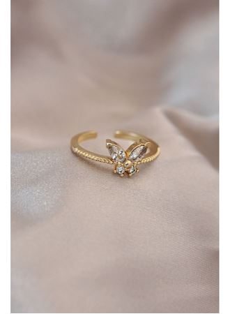 Ayarlamalı Altın Renk Metal Zirkon Taş ve Kristal Taşlı Kelebek Model Yüzük