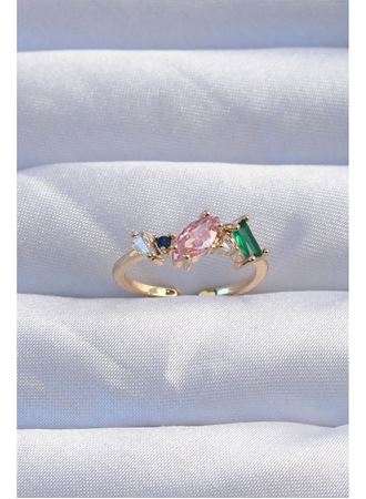 Pirinç Gold Renk Renkli Zirkon Taşlı Ayarlanabilir Yüzük