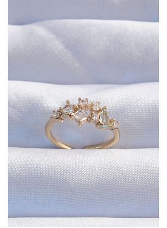 Pirinç Gold Renk Zirkon Taşlı Damla Detay Ayarlanabilir Yüzük