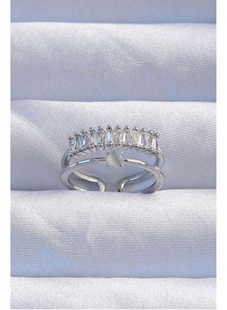 Pirinç Gümüş Renk Sedefli Zirkon Taşlı Su Yolu Model 2li Görünüm Ayarlanabilir Yüzük