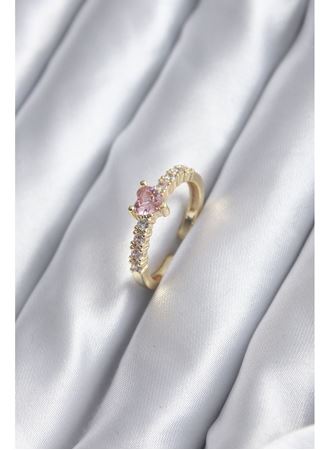 Gold Renk Zirkon Taşlı Pembe Kristal Kalp Model Kadın Yüzük