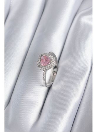 Pirinç Gümüş Renk Pembe Zirkon Taş Kalp Charm Model Kadın Yüzük