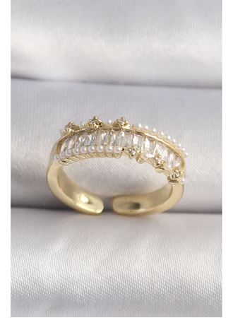 Pirinç Gold Renk Zirkon Taşlı İnci Detay VIP Seri Kadın Yüzük