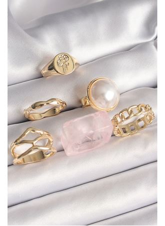 Pirinç Gold Renk Daire 3D İncili Figür Zincir Model Gül İşleme Detaylı 6'Lı Kadın Yüzük Seti