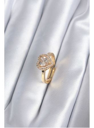 Pirinç Gold Renk Zirkon Taşlı Kalp Charm Model Kadın Yüzük