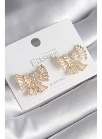 Pirinç Gold Renk Zirkon Taşlı Kurdele Model Kadın Küpe