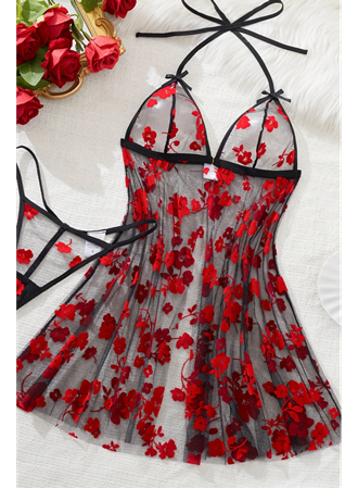 Çiçek Desenli Siyah Transparan Tül Gecelik TM1319