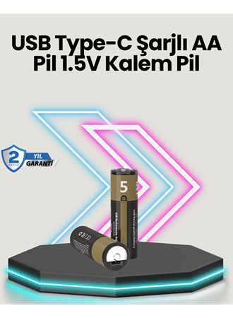 Yüksek Performanslı AA USB Şarjlı Lityum Pil | 1.5V Sabit Güç | 2’li Paket