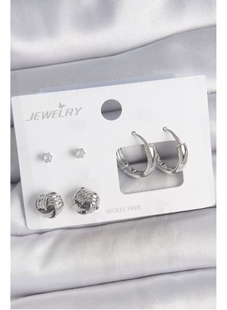 Pirinç Gümüş Renk Zirkon Taşlı Halka Model 3 Çift Kadın Küpe Seti