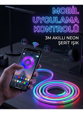 3 Metre RGB Neon LED Şerit Işık Su Geçirmez Kumandalı ve Uygulama Kontrollü Dekoratif Aydınlatma