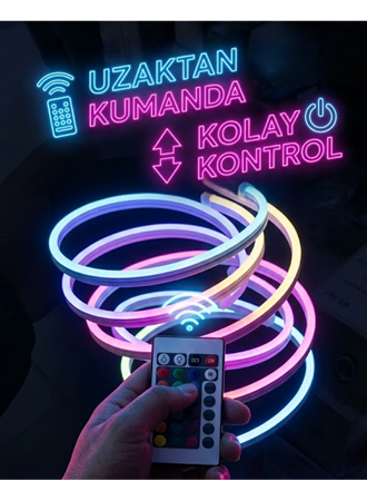 RGB Akıllı LED Neon Şerit Işık 3 Metre Uzaktan Kumandalı ve Telefon Kontrollü Renkli Aydınlatma