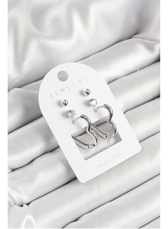 Pirinç Zirkon Taş Ve Kalp Figürlü Gümüş Renk 3'lü Çift Kadın Küpe Set