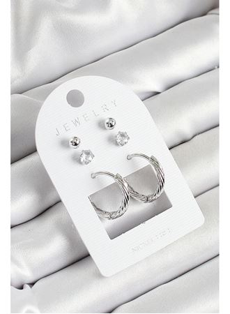 Pirinç Zirkon Taş Ve Halka Figürlü Gümüş Renk 3'lü Çift Kadın Küpe Set