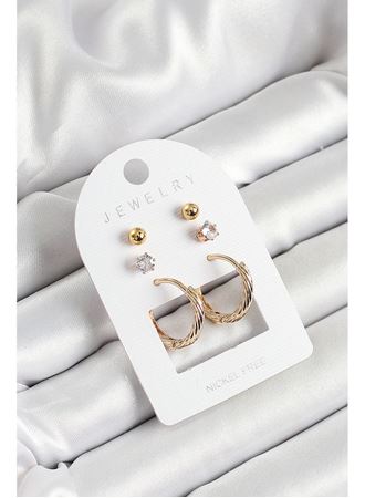 Pirinç Zirkon Taş Ve Halka Figürlü Gold Renk 3'lü Çift Kadın Küpe Set
