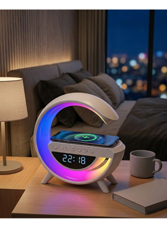 Kablosuz Şarjlı LED Işıklı Masa Saati Bluetooth Hoparlör Alarm Fonksiyonlu