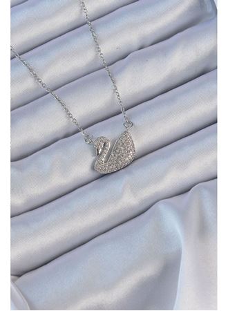 316L Çelik Zincir Gümüş Renk Zirkon Taşlı Kuğu Kolye