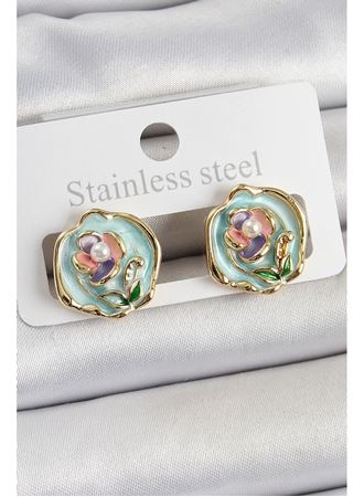 Pirinç Yeşil Mineli Çiçek Figürlü Sanatsal Portre Model Gold Renk Kadın Küpe