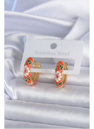 Pirinç Gold Renk Çiçek İşleme Turuncu Kadın Küpe