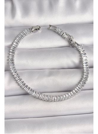 Pirinç Gümüş Renk Zirkon Taşlı Su Yolu Model Kadın Bileklik