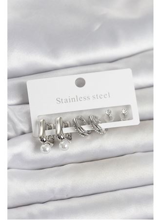 316L Çelik Gümüş Renk Kadın Küpe Seti