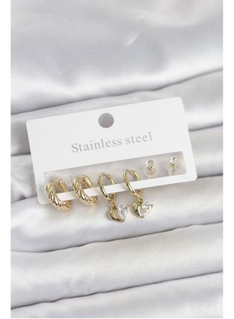 316L Çelik Gold Renk Kalp Detaylı Kadın Küpe Seti