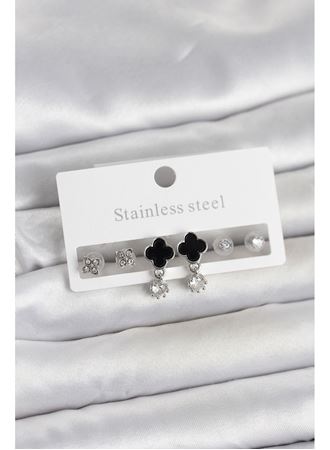 316L Çelik Gümüş Renk Yonca Detaylı Kadın Küpe Seti