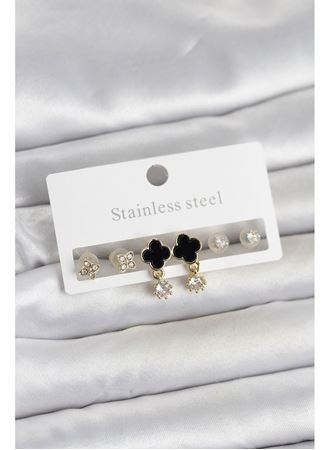 316L Çelik Gold Renk Yonca Detaylı Kadın Küpe Seti