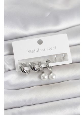 316L Çelik Gümüş Renk inci Halka Detaylı Kadın Küpe Seti